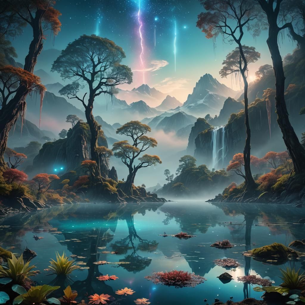 Surreal Bioluminescent Landscape with Floating Mountains