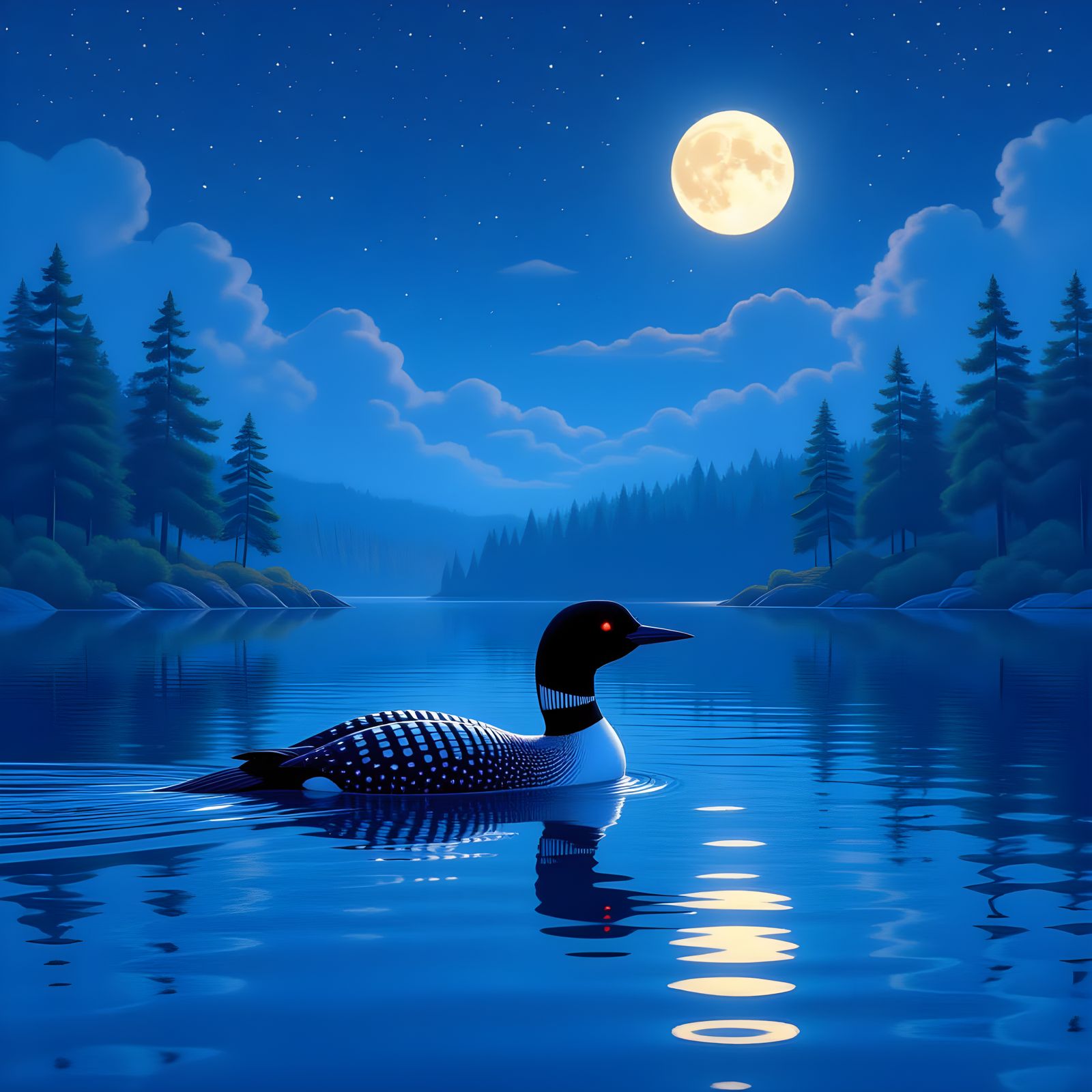 Loon Silhouetted on Glassy Lake Under Starry Sky