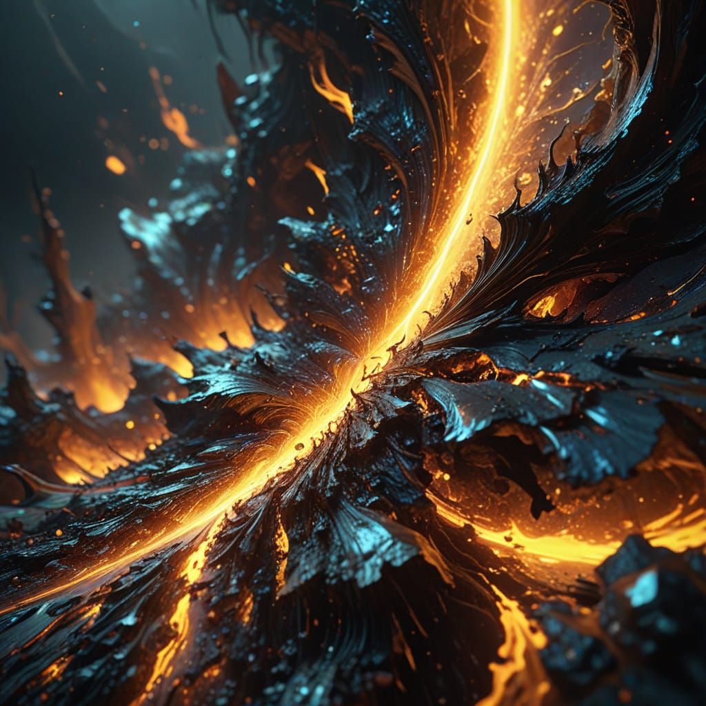 Chaotic Abstract Landscape with Bioluminescence and Gold Ray...