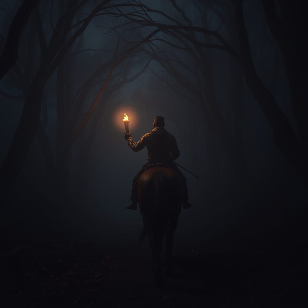Mysterious Rider Enters Dark Forest Under Moonlit Canopy