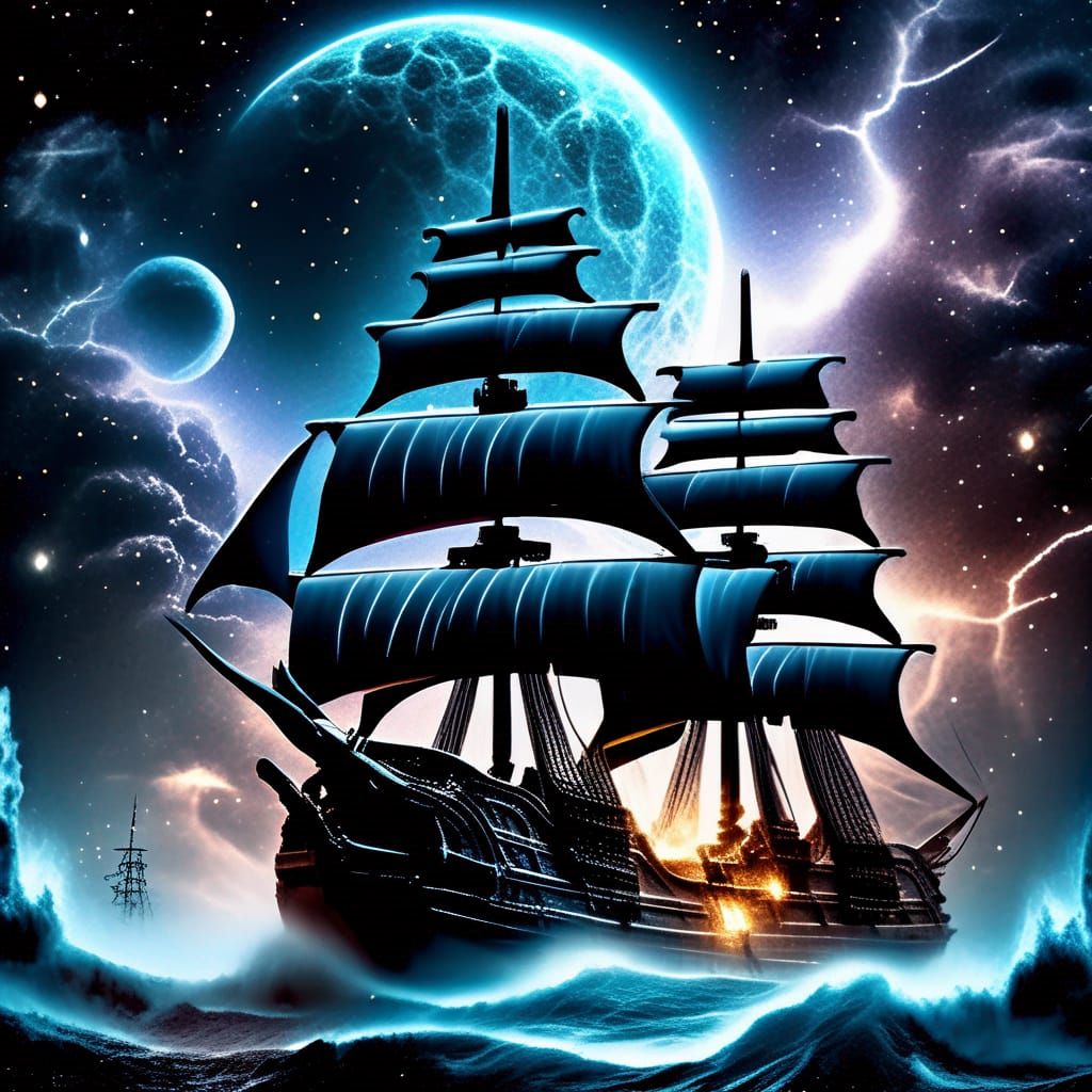 Futuristic Ghost Ship Amidst Cosmic Storm