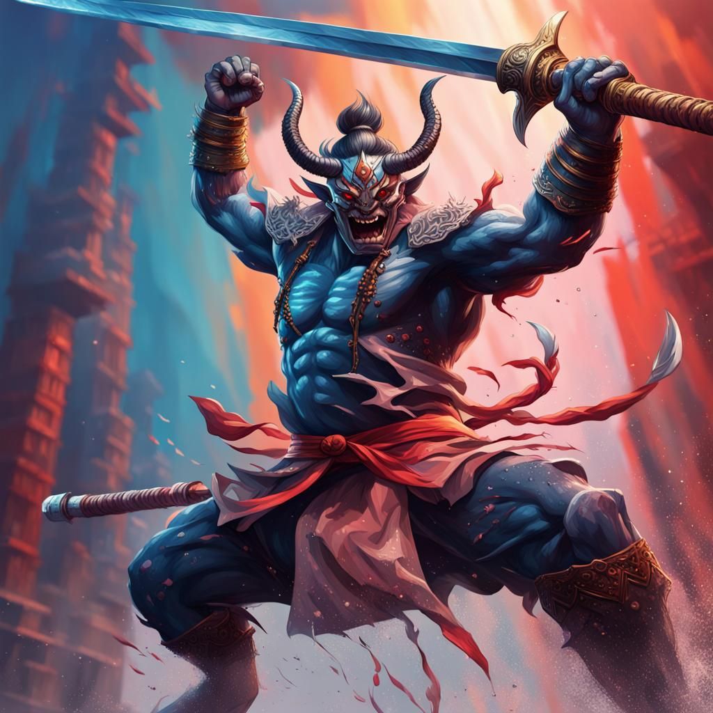 Hyperrealistic Oni Warrior with Giant Sword