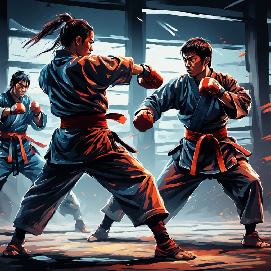 Dynamic Martial Arts Sparring with Energetic Brush Strokes