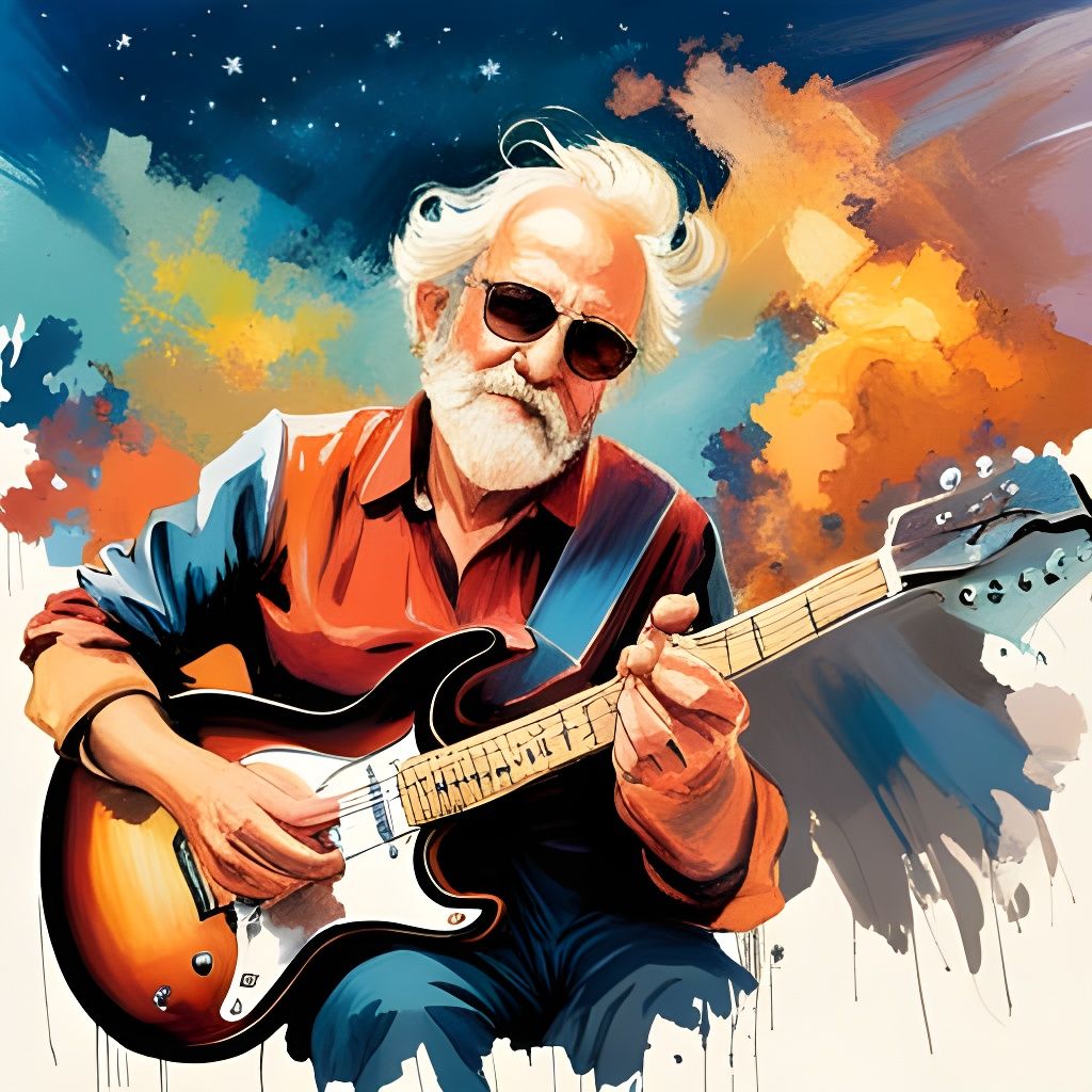 Guitar-Playing Grandpa Under Starry Sky, Comic Book Style