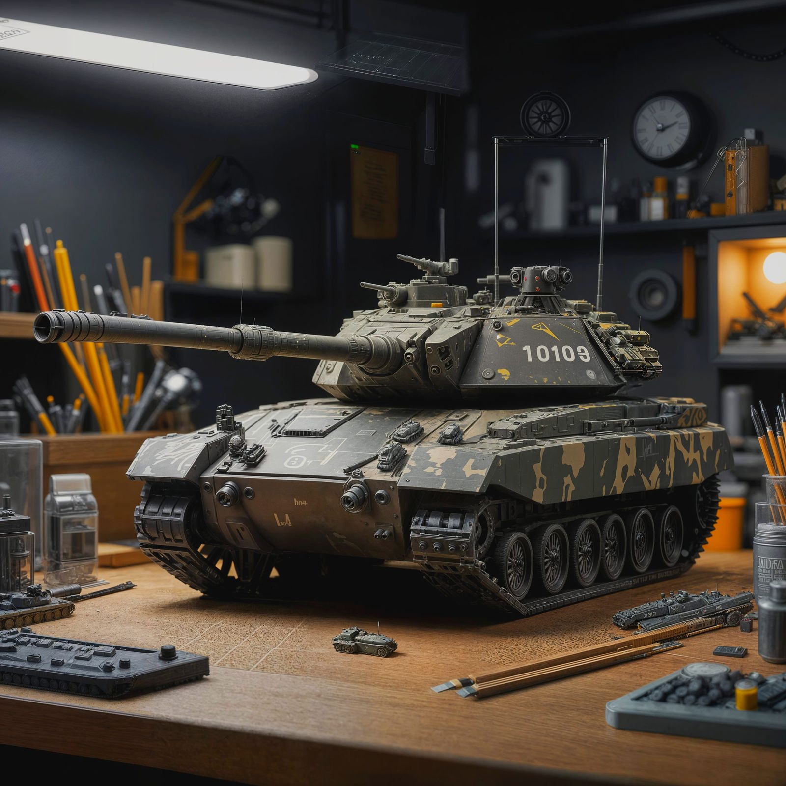 Ultra-Modern Modeler's Workspace with Photorealistic Tank Mo...