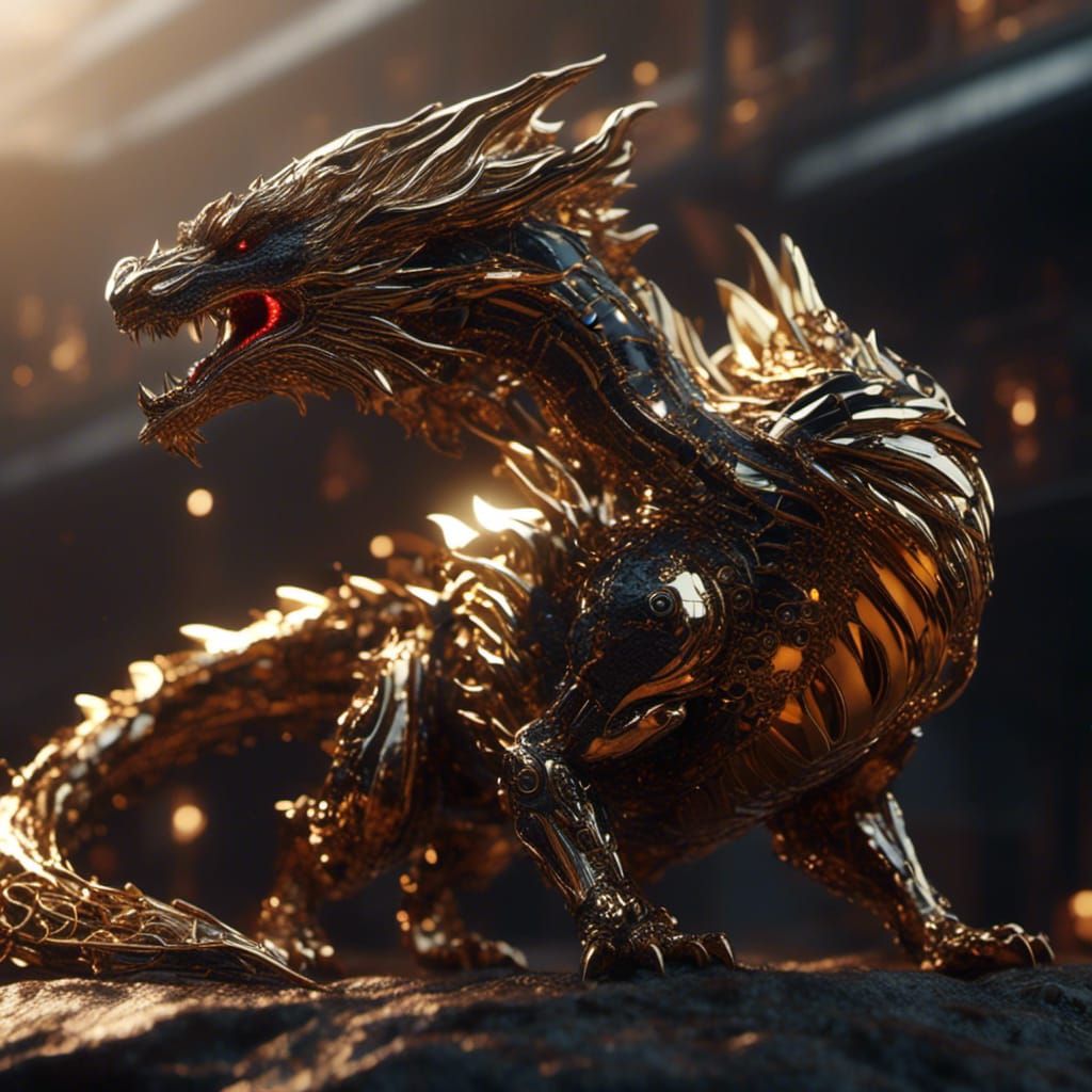 Fiery Red and Gold Dragon with Shark Fin in Sci-Fi Style