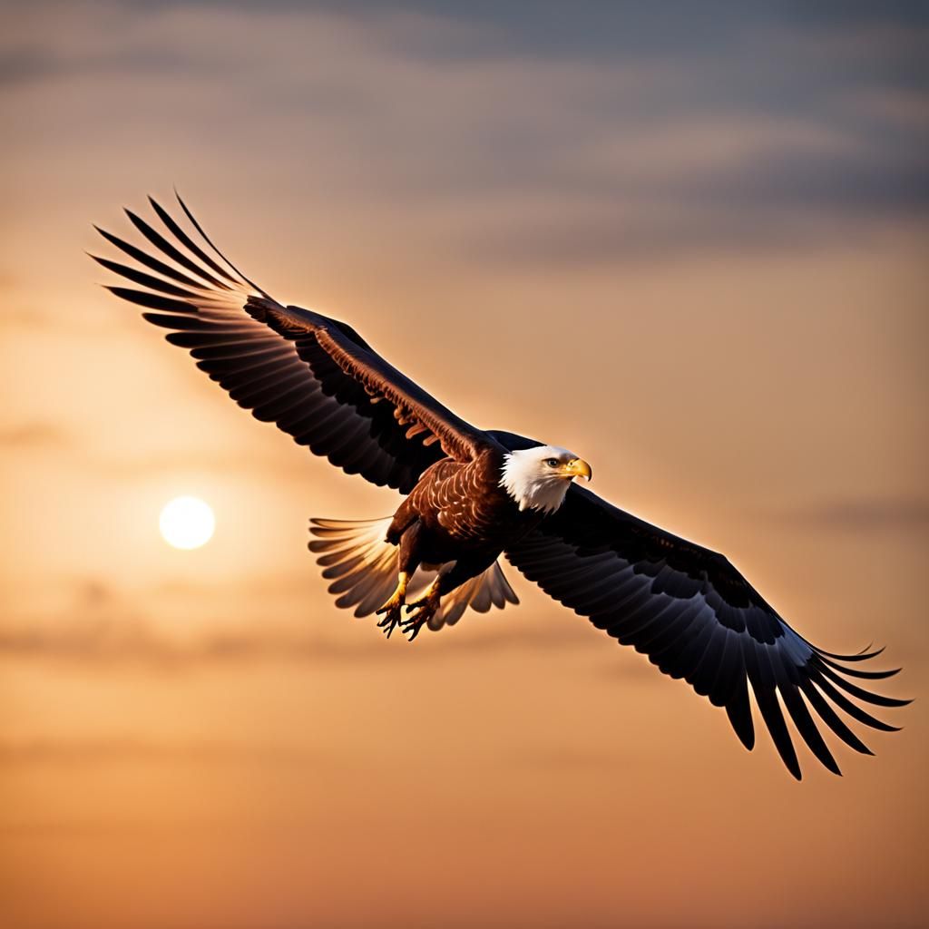Eagle Soaring Towards Setting Sun: Professional Photography