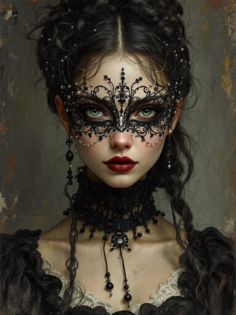 Southern Gothic Woman with Pearl Mask as Impasto Painting