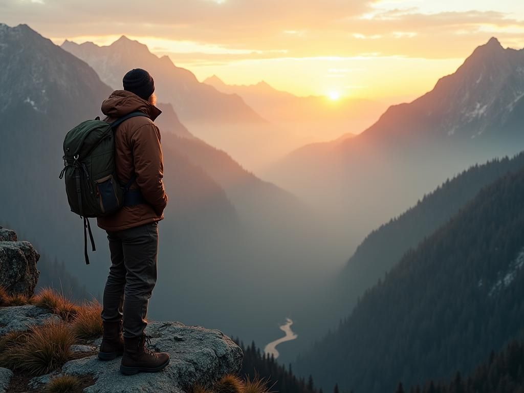 Lone Hiker at Mountain Cliff Vista