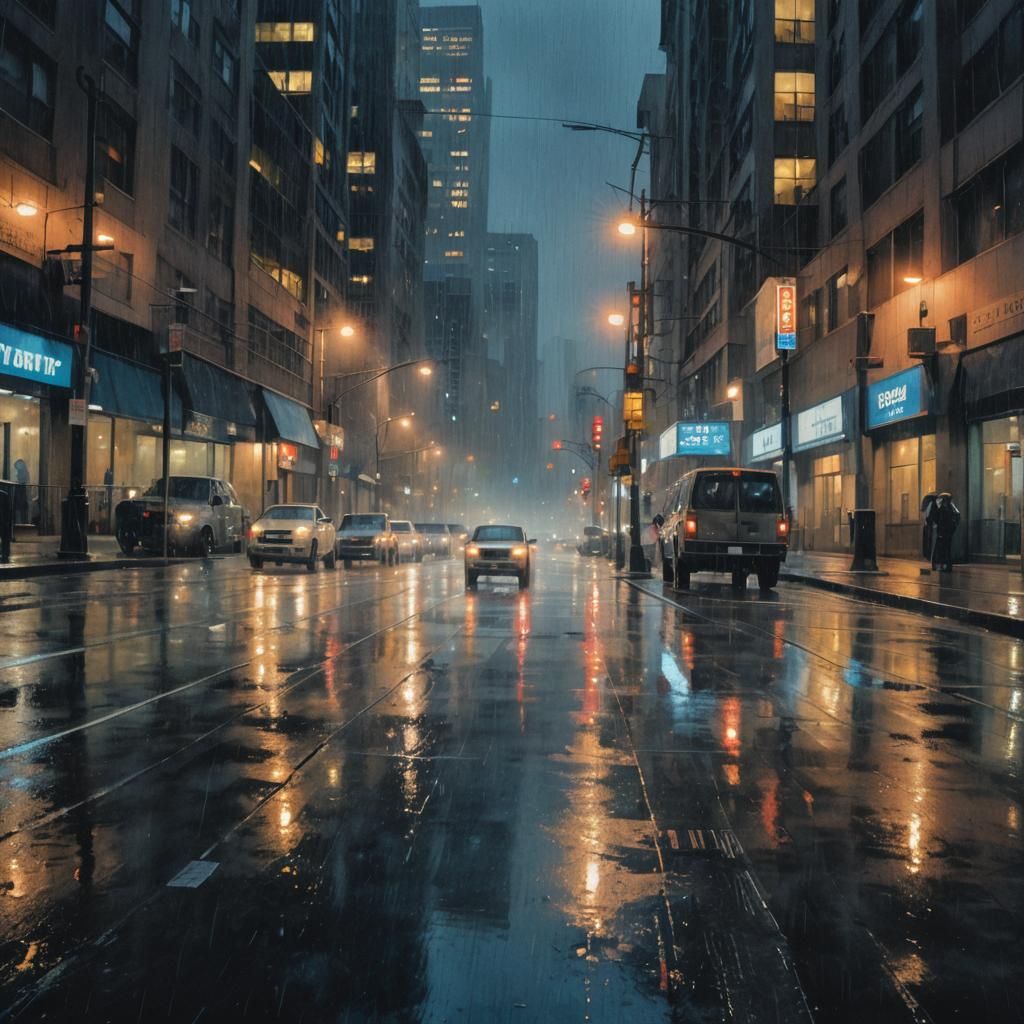 Rainy City Street at Night: Watercolor Impression