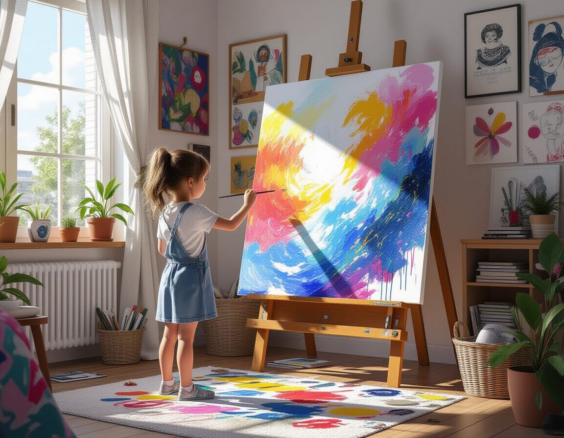 Girl Painting Colorful Canvas: Detailed Illustration