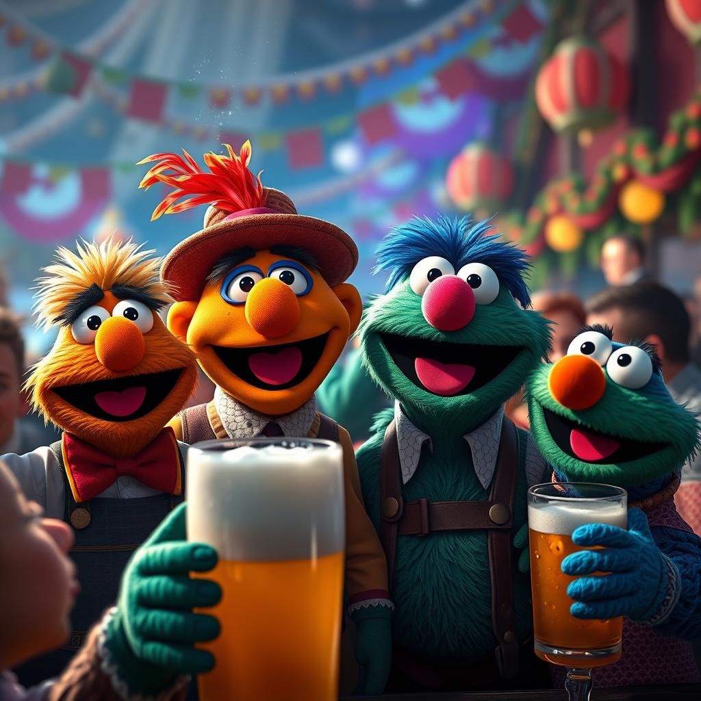 busy Oktoberfest beer festival with only Sesame Street muppets. Raised glasses. detailed matte painting, deep color, fa...