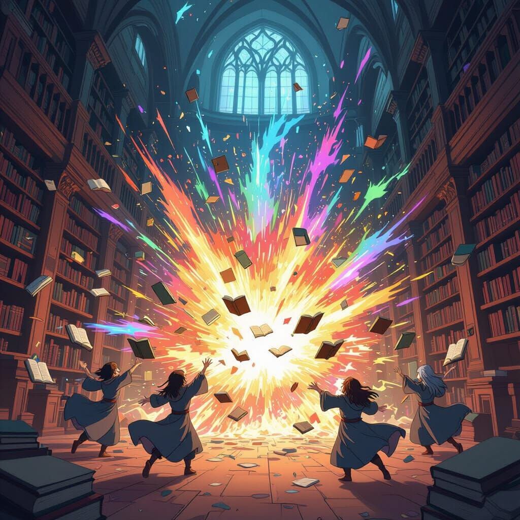Magical Library Explosion in Dynamic Animation Style
