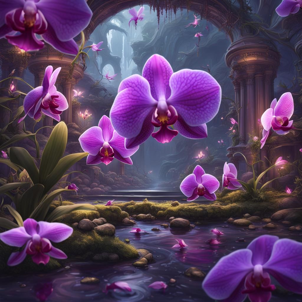 Purple Orchid with Fairies: Fantasy Concept Art