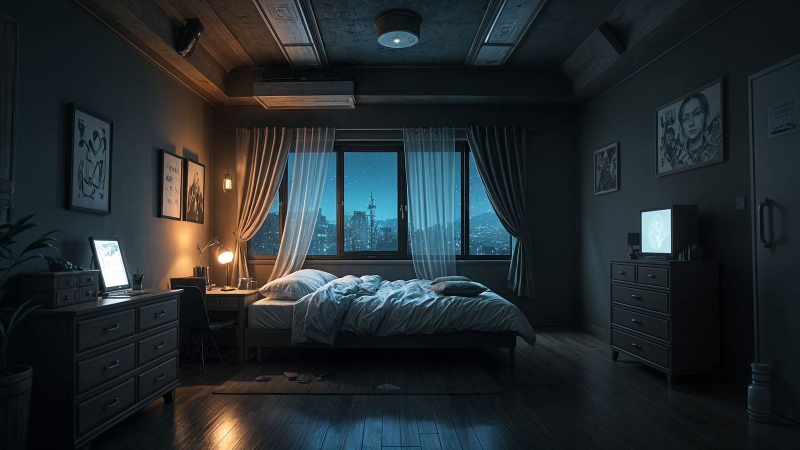 Militaristic Nighttime Bedroom Scene in 3D Anime Style