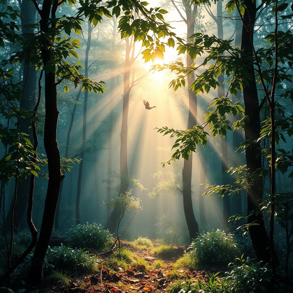 Describe a scene in a forest at dawn