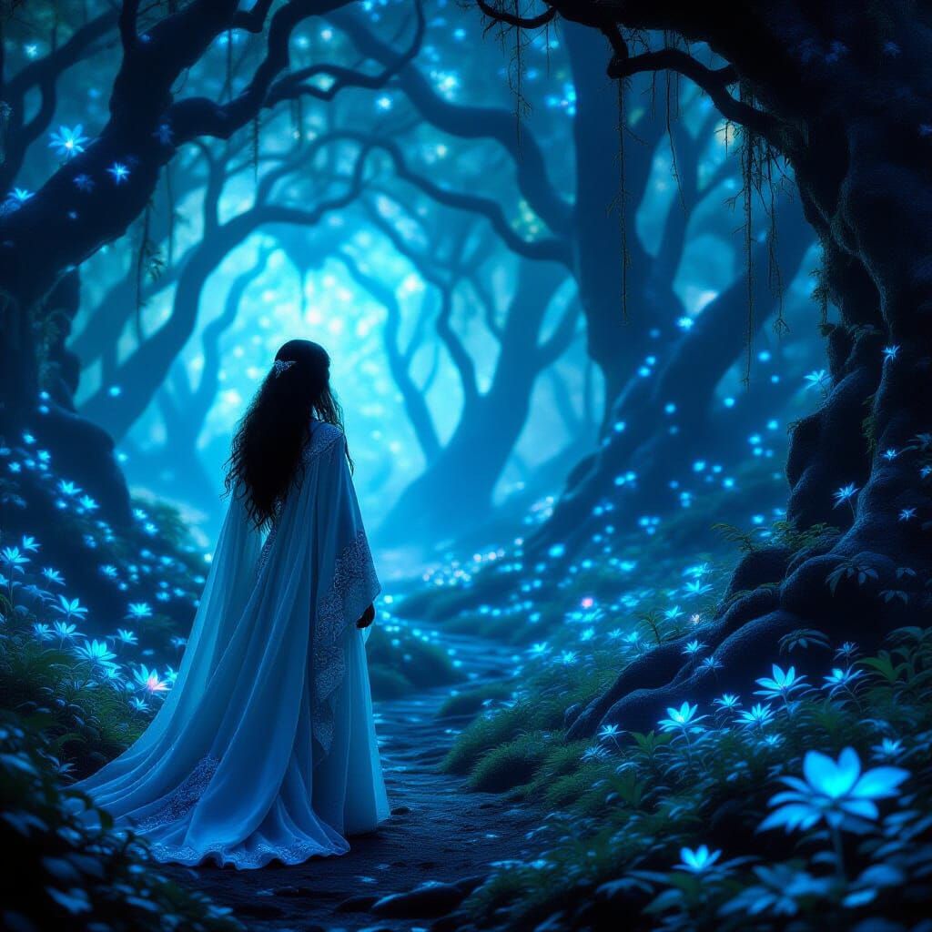 Sorceress at Bioluminescent Forest Edge, Cosmic Mystery
