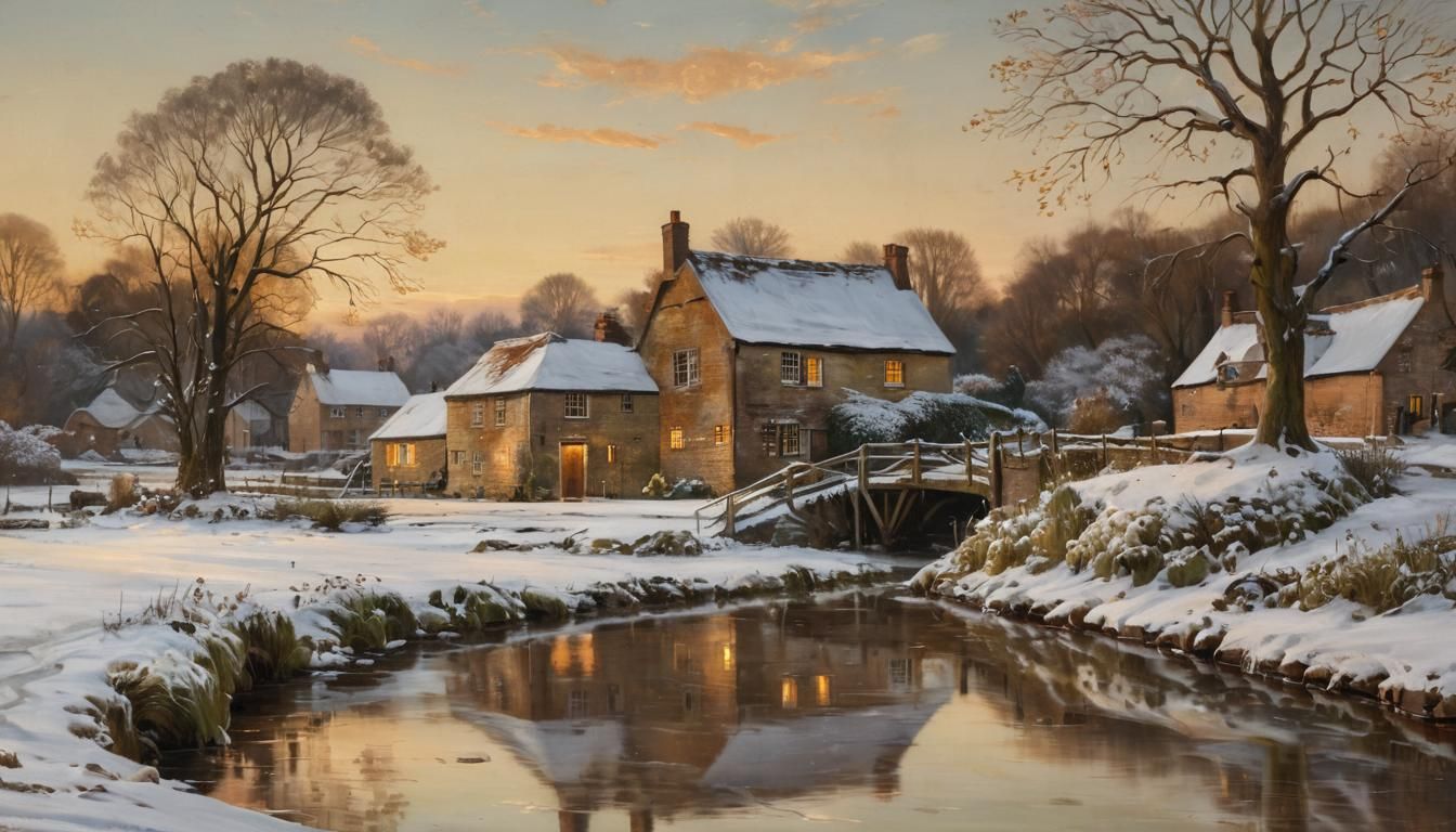 English Village Mill Pond in Winter, Oil Painting