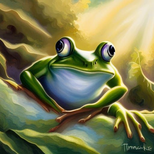 Whimsical Frog Face with Purple Eyes in Ethereal Light