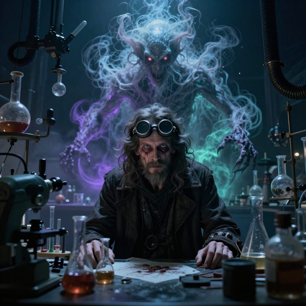 Mad Scientist Confronts Ethereal Mist Creature in Giger-Insp...