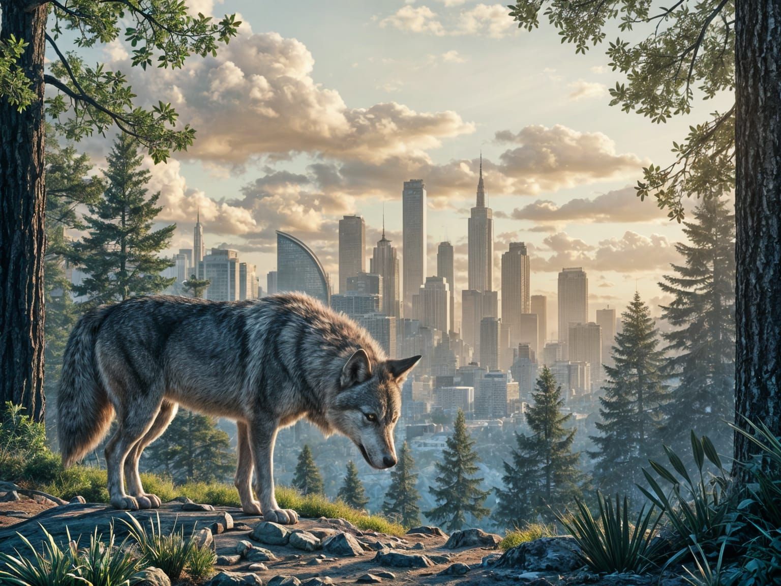 Wolf Gazes at City from Forest Edge