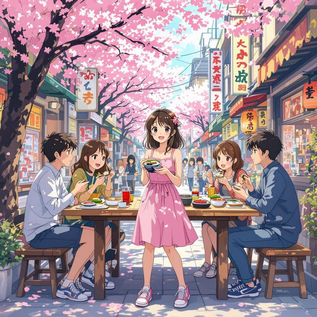 Anime Girl and Friends Enjoying Sushi in Tokyo