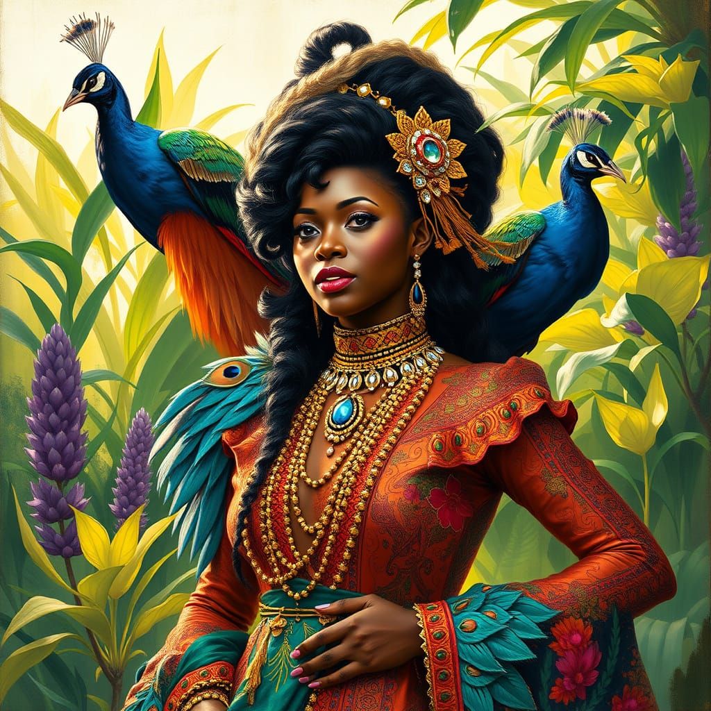 Peacock Woman in Opulent Afro-Surrealist Style