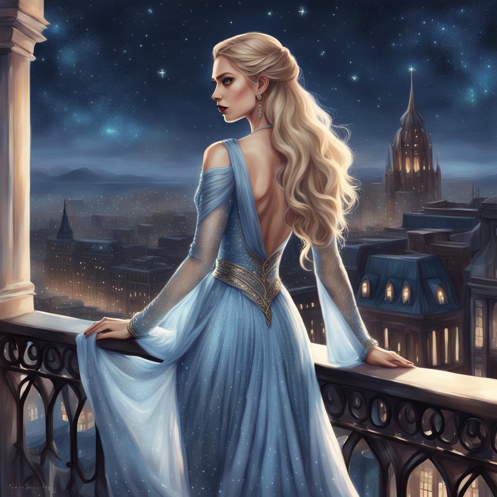 Fae Queen on Balcony Overlooking City at Night