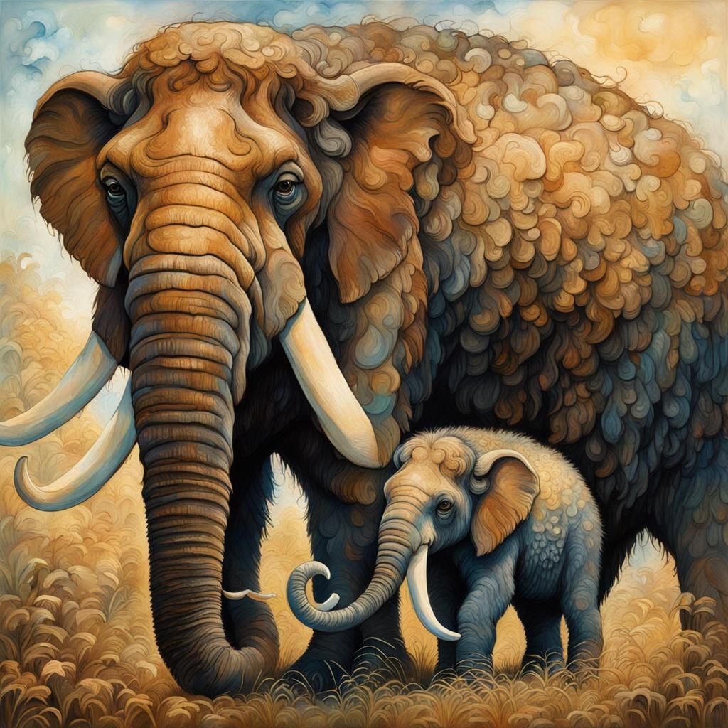 Adorable Mother and Baby Mammoth Portrait
