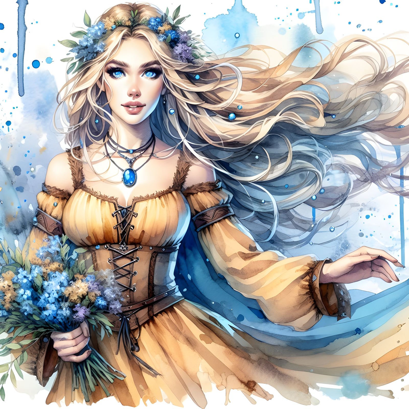 Norse Goddess in Whimsical Watercolor Style