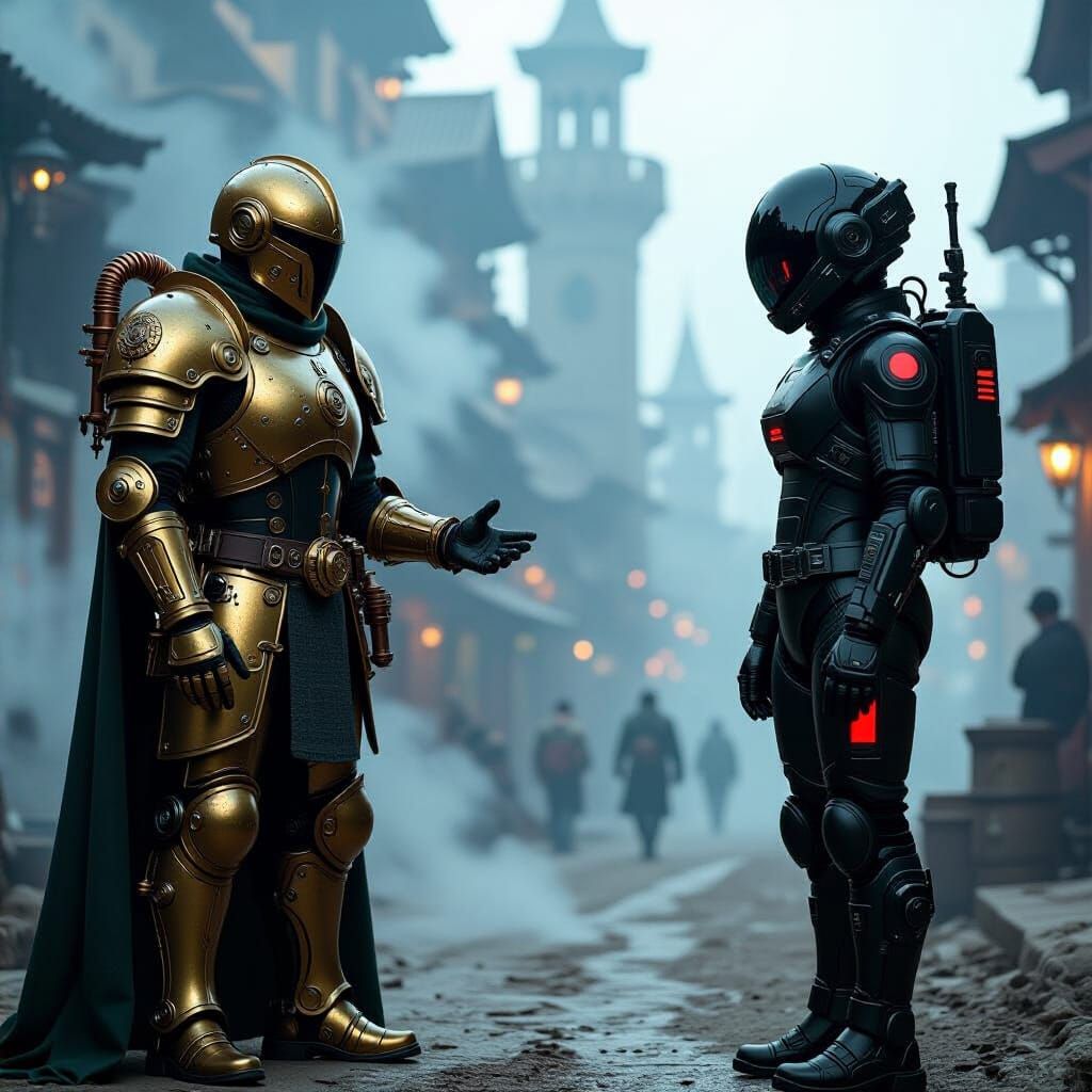 Steampunk Knight Meets Cyberpunk Astronaut in Dystopian City