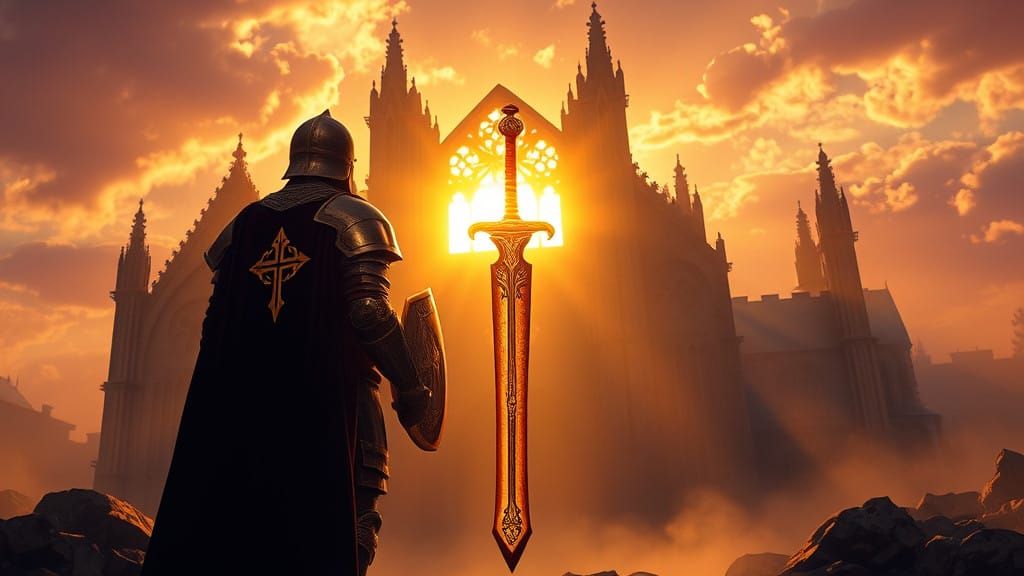 Noble Templar Warrior Against Dying Sun