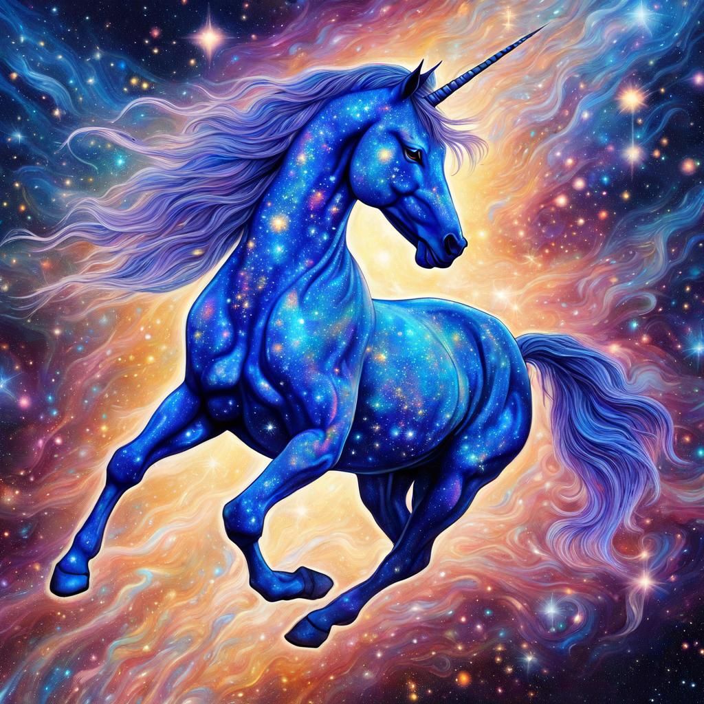 Cobalt Unicorn Stallion in Cosmic Astral Illustration