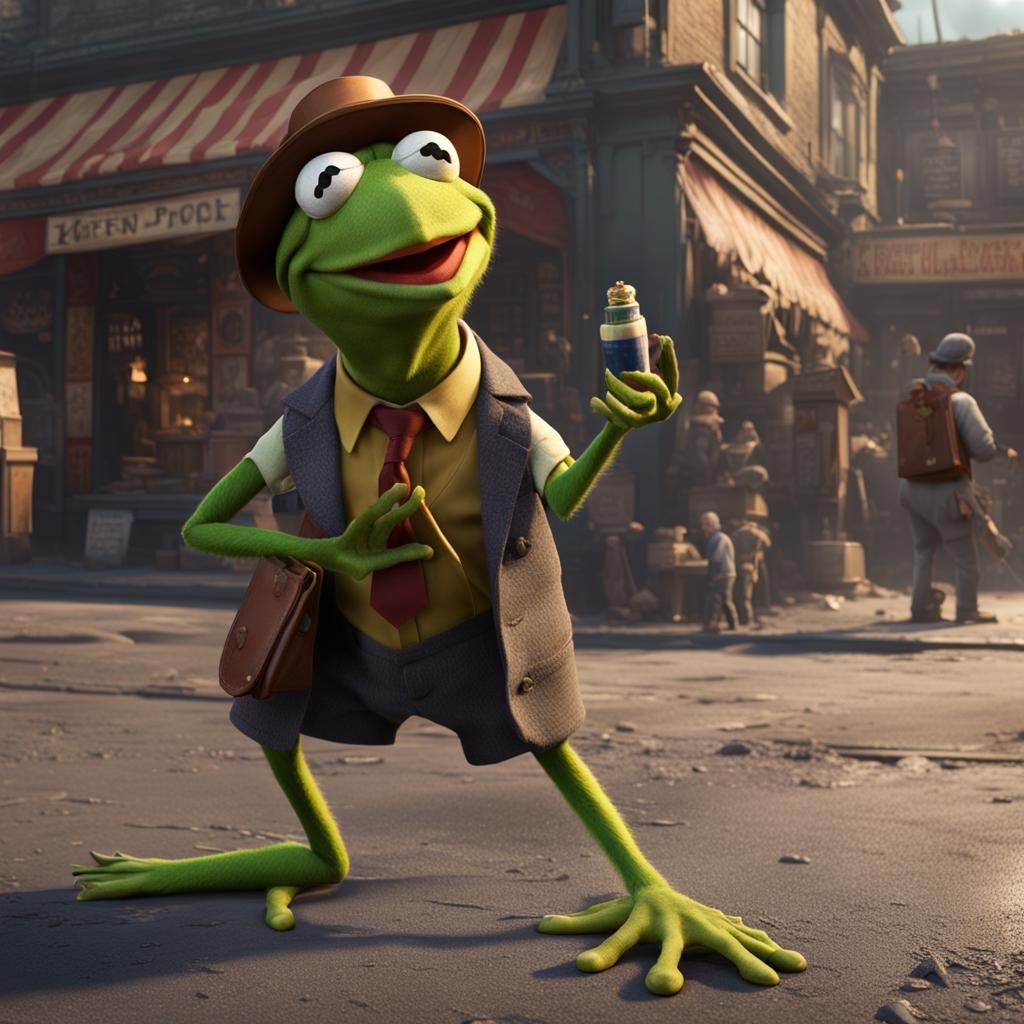 Human Kermit in Clerk Outfit: Detailed Matte Painting