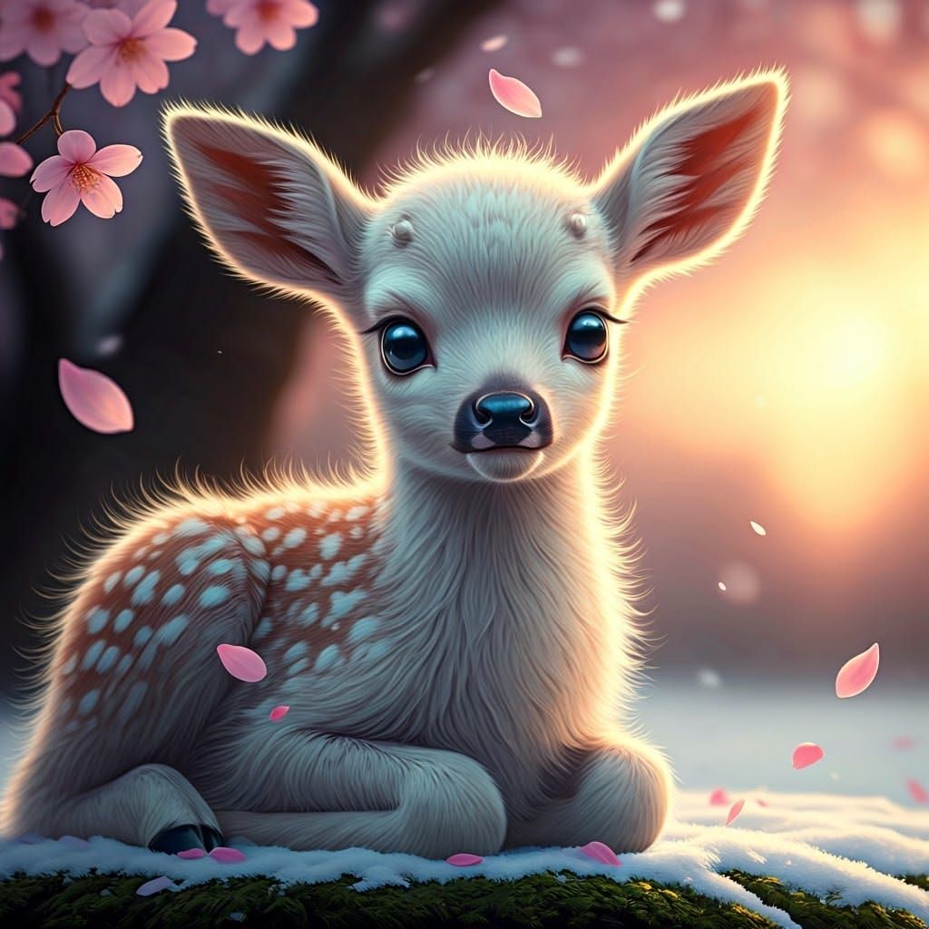 Adorable Baby Deer Under Cherry Blossom Tree in Digital Art