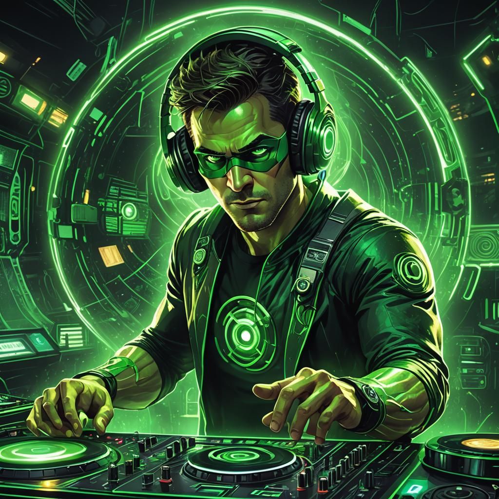 Green Lantern DJ in Neon-Lit Booth: Digital Art