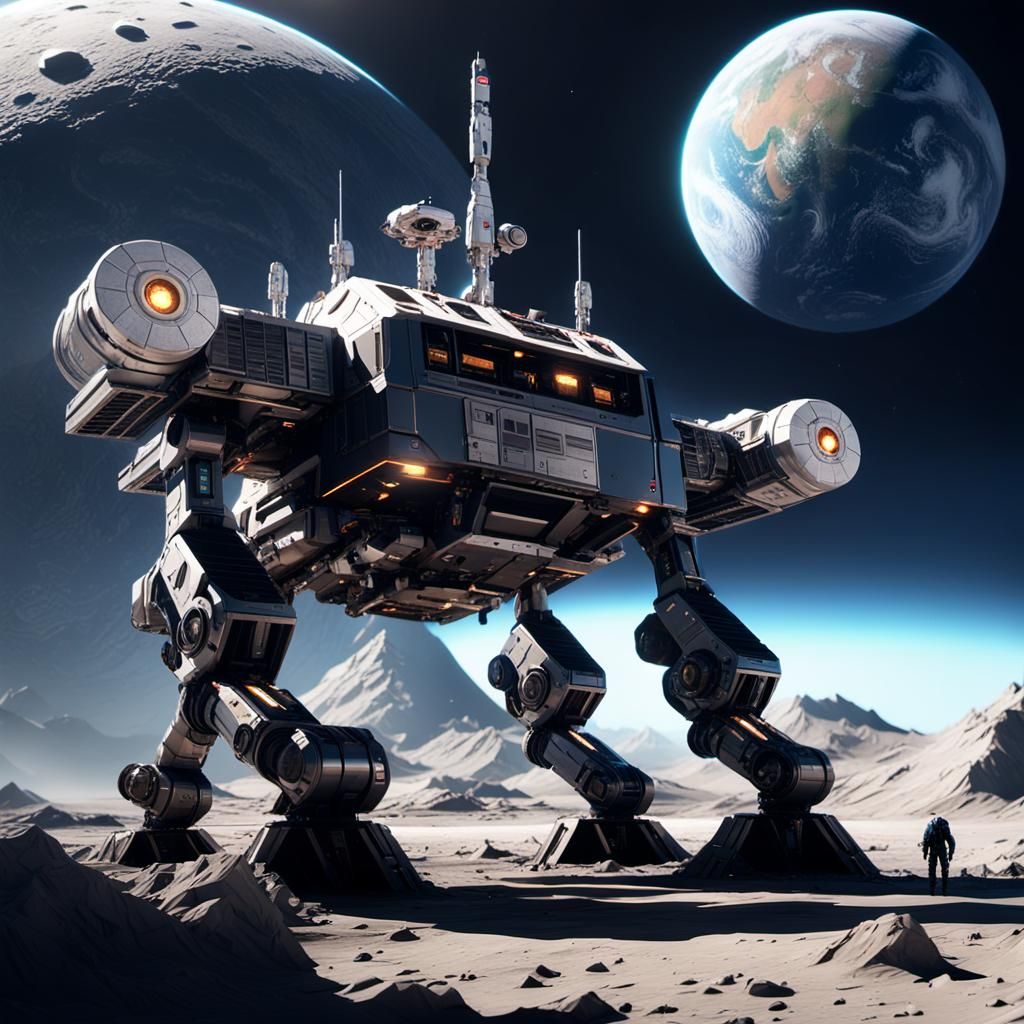 Mech on Moon Base in Sci-Fi Landscape