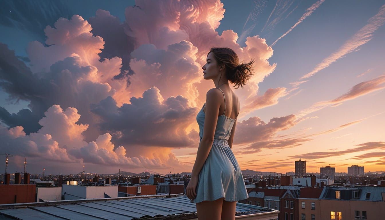 Pastel Sky Over Urban Rooftop: Retro-Cinematic Night