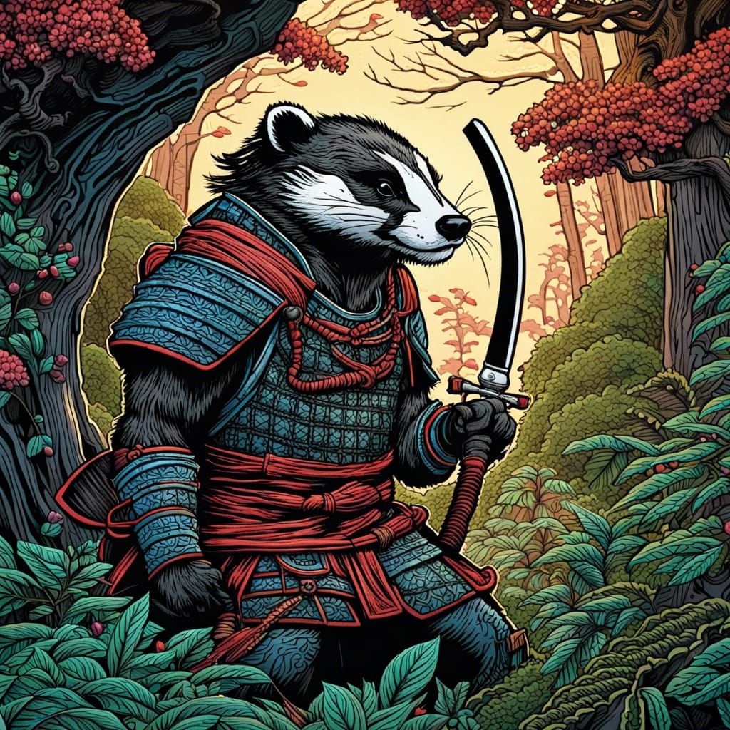 Badger Samurai Warrior in Enchanted Forest