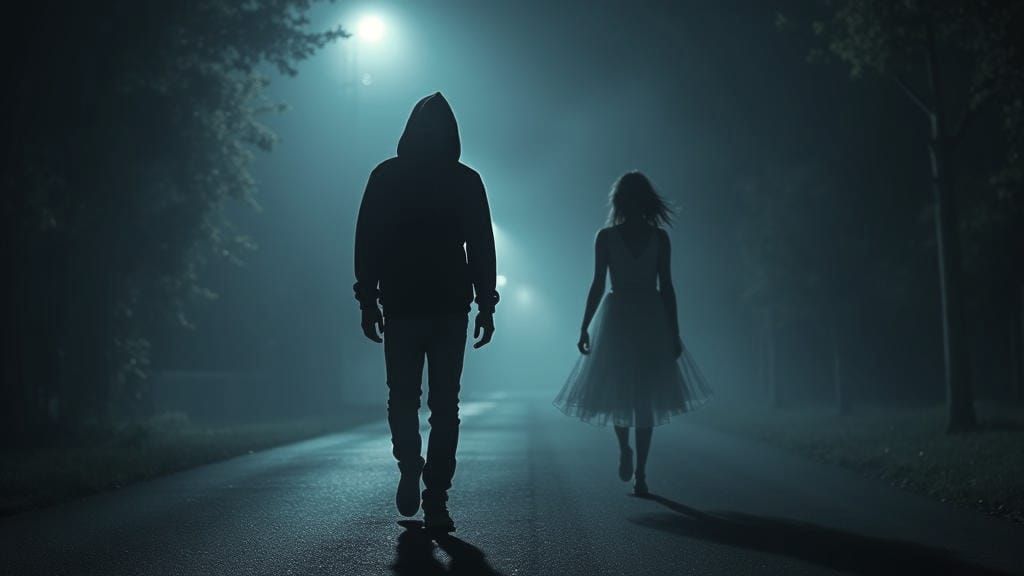 Mystical Blue Night Street Scene with Ghost Girl