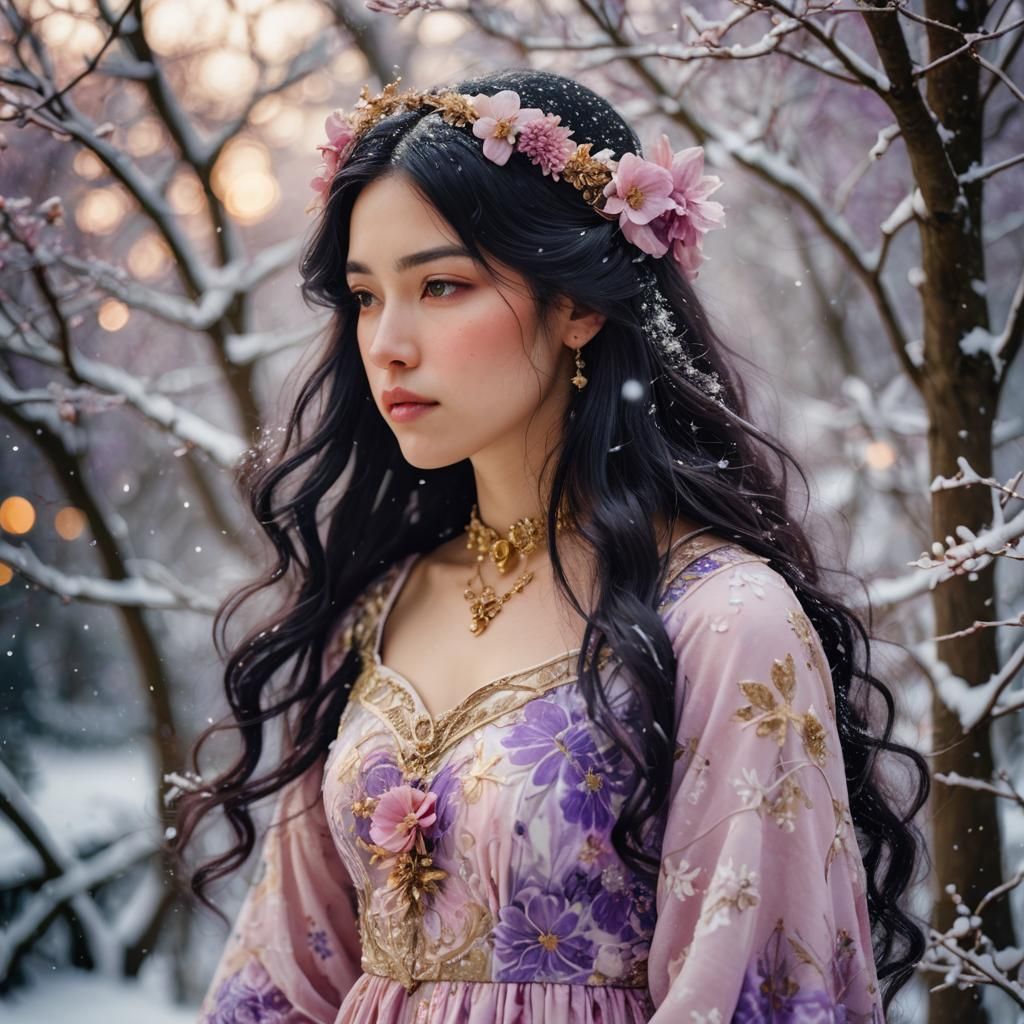 Art Nouveau Girl in Snowy Christmas Portrait