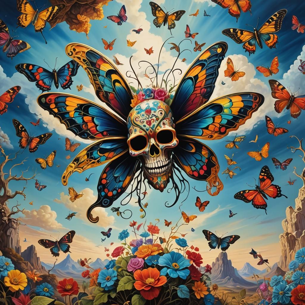 Surreal Landscape with Elastic Flora and Sugar Skull Moth