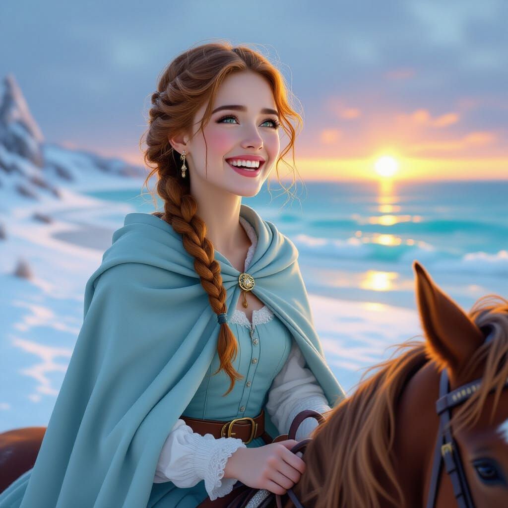 Triumphant Woman on Horse at Sunrise Beach