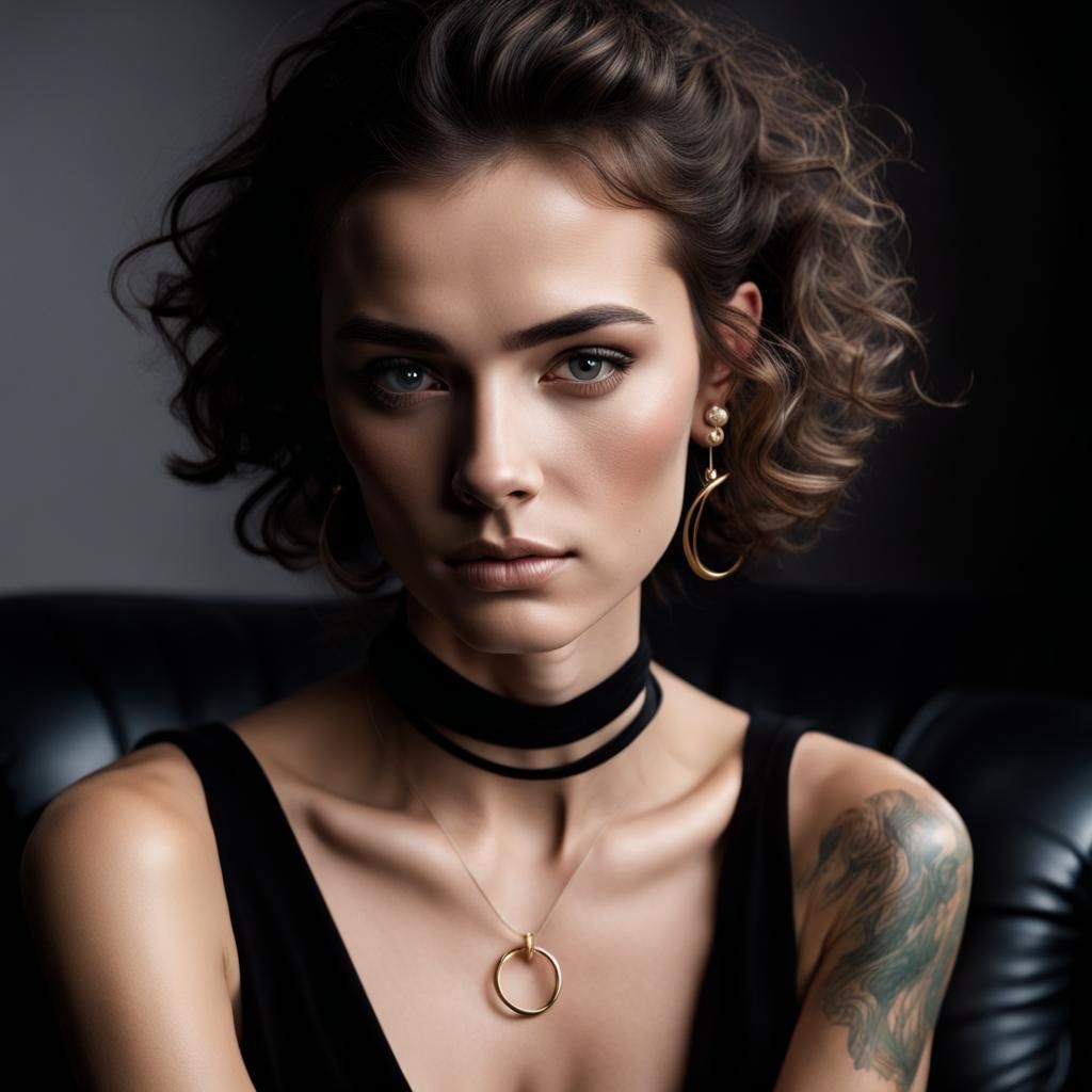 Beautiful Brunette Woman with Floral Tattoo Portrait