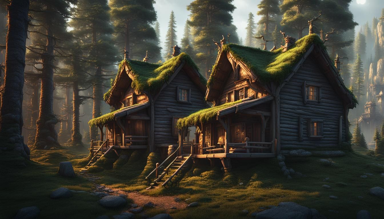 Rustic Cabins in Pine Forest: Matte Painting