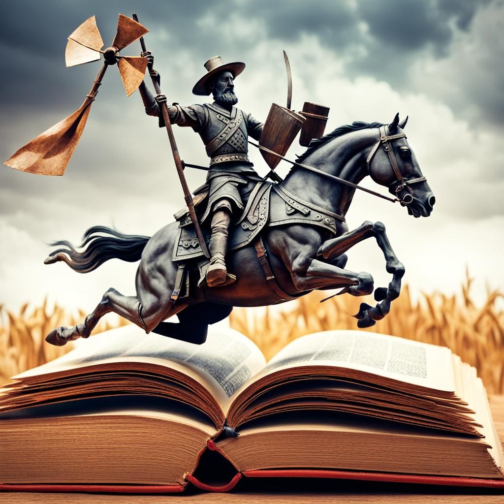 Don Quixote's Windmill Charge from an Open Book