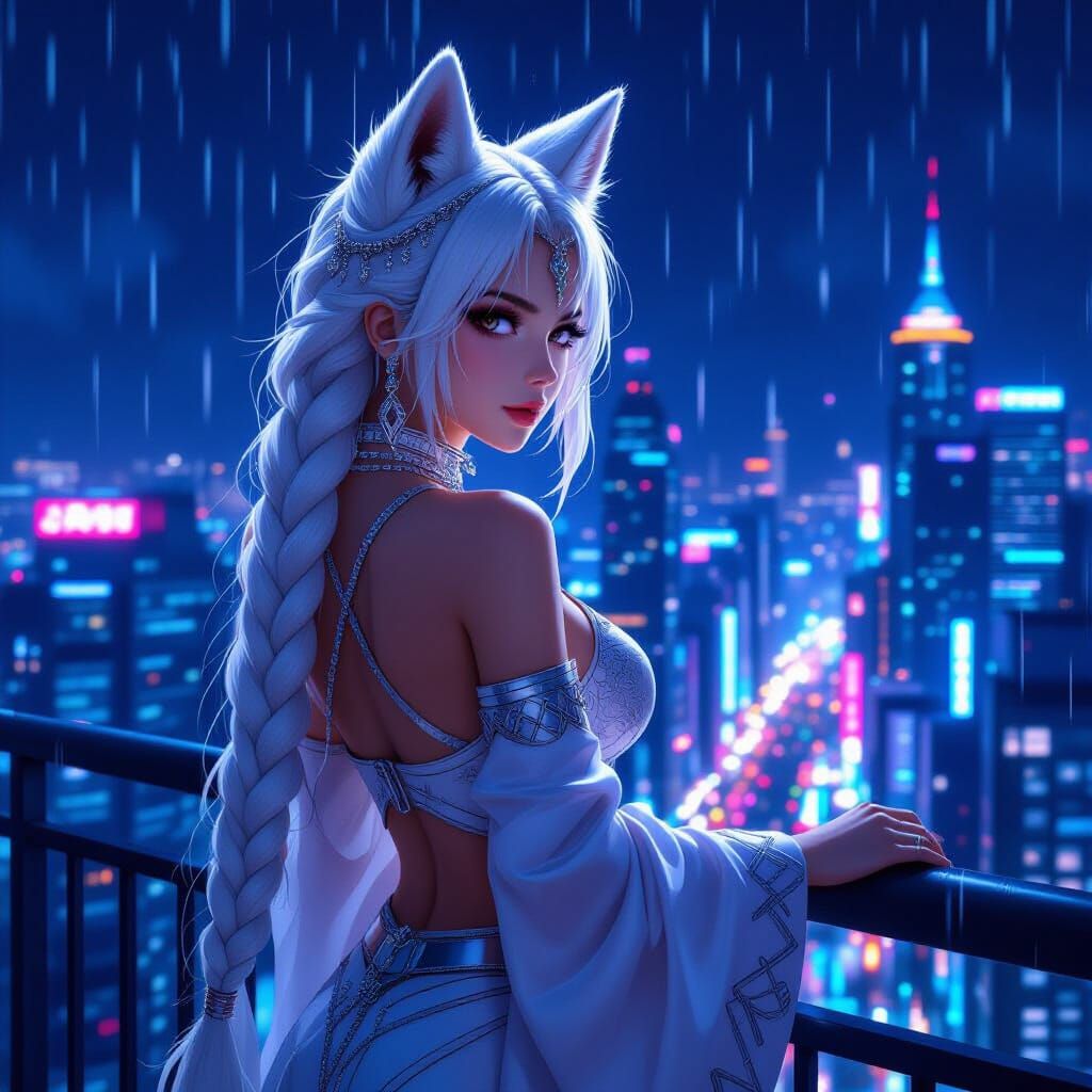 Cyberpunk Wolf-Girl Overlooking Neon Cityscape