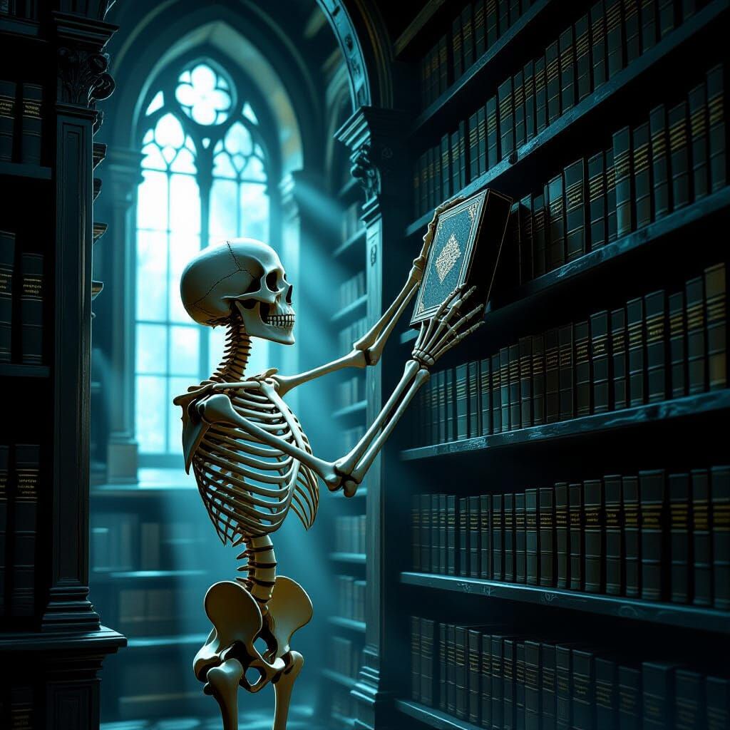 Skeleton Scholar in Ancient Library