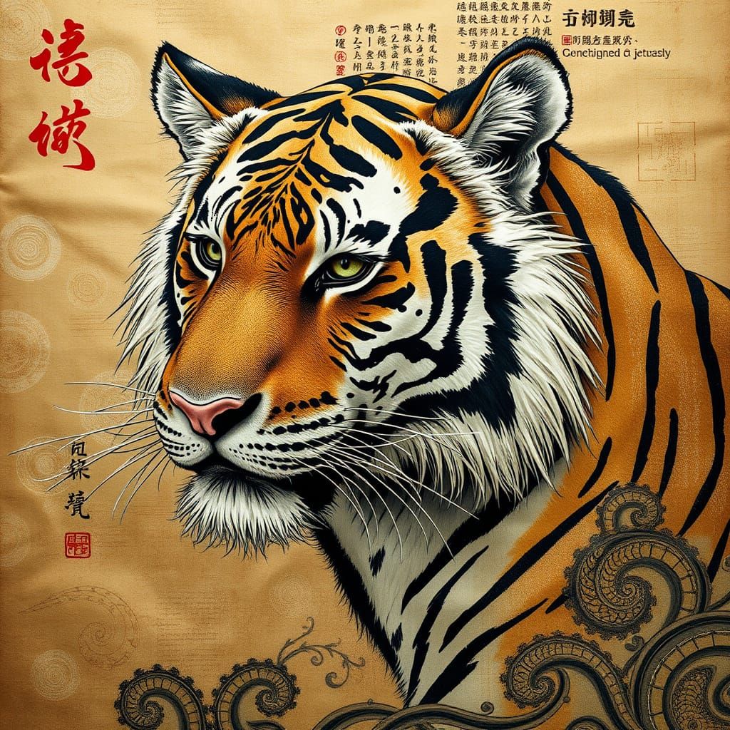 Surreal Tiger Portrait on Antique Silk in Traditional Chines...