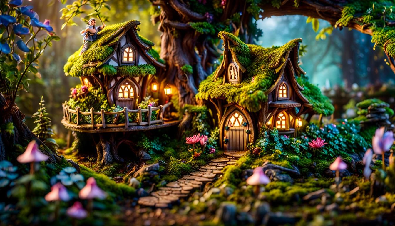 Magical Fairy Village Diorama with Pixies